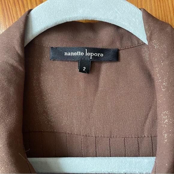 Nanette Lepore Fluted Sleeve Shimmer Brown Button Down Blouse - Picture 7 of 8